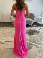 Hot Pink Strapless Beaded Corset Prom Dress with Slit