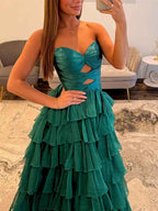 Hot Pink Strapless Cutout Tiered Ruffle Long Prom Dress with Slit