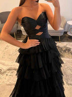 Hot Pink Strapless Cutout Tiered Ruffle Long Prom Dress with Slit