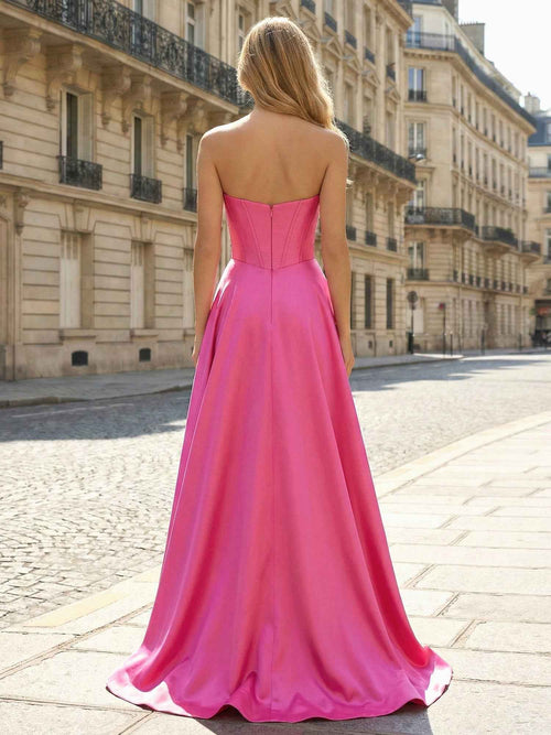 Hot Pink Strapless Satin Corset A-Line Prom Dress with Slit BMBRIDE