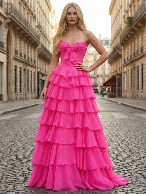 Hot Pink Strapless Tiered Ruffle Corset Prom Dress with Slit BMBRIDE