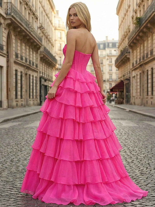 Hot Pink Strapless Tiered Ruffle Corset Prom Dress with Slit BMBRIDE