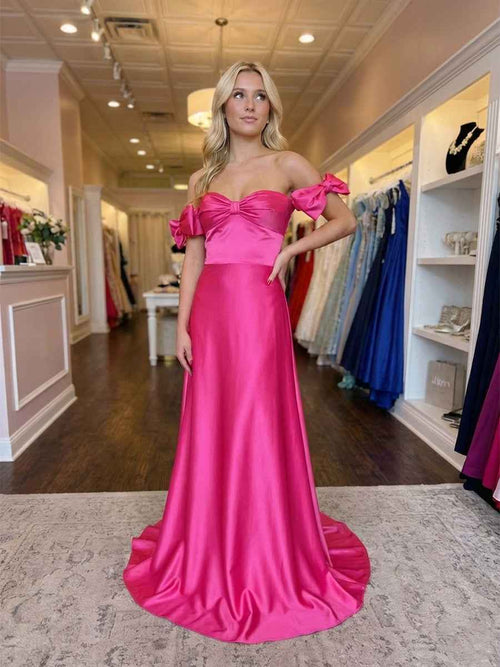 Hot Pink Sweetheart Neckline Satin Prom Dress with Statement Bow Sleeves BMBRIDE