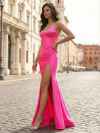 Hot Pink Sweetheart Satin Corset Prom Dress with High Slit