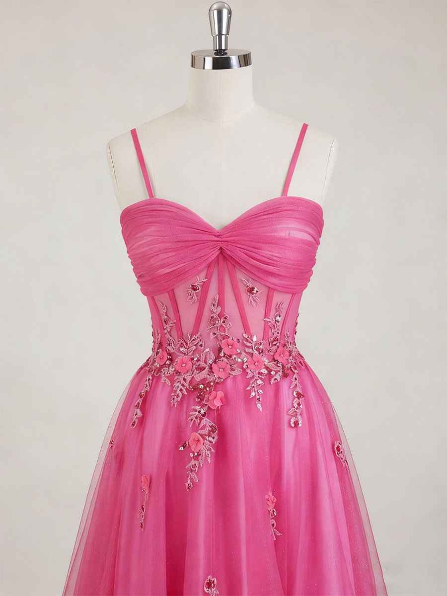 Hot Pink Sweetheart Sequins 3D Floral Tulle Prom Dress