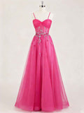 Hot Pink Sweetheart Sequins 3D Floral Tulle Prom Dress