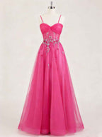 Hot Pink Sweetheart Sequins 3D Floral Tulle Prom Dress