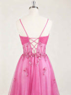 Hot Pink Sweetheart Sequins 3D Floral Tulle Prom Dress