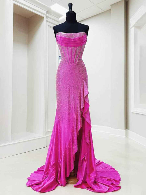Hot Pink Mermaid Strapless Corset Bodice Long Prom Dress with Ruffle Slit BMBRIDE