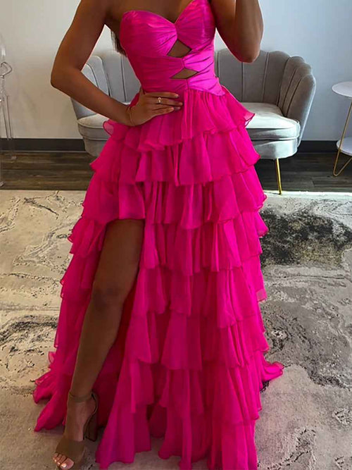 Hot Pink Strapless Cutout Tiered Ruffle Long Prom Dress with Slit BMBRIDE