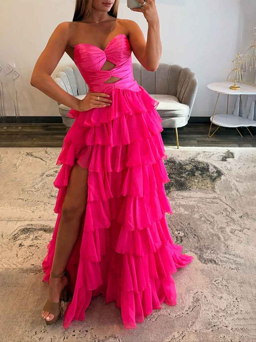 Hot Pink Strapless Cutout Tiered Ruffle Long Prom Dress with Slit BMBRIDE