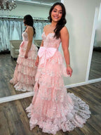 Hot Pink Tiered Sequin Ruffle Statement Bow Prom Dress with Slit