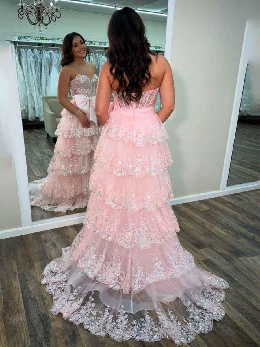 Hot Pink Tiered Sequin Ruffle Statement Bow Prom Dress with Slit
