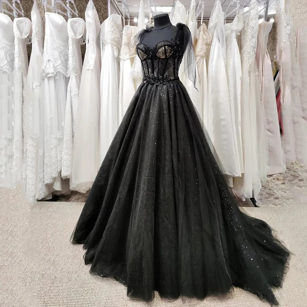 Exquisite Glitter Lace Tulle Sweetheart Corset Court Black Wedding Dress BM bride