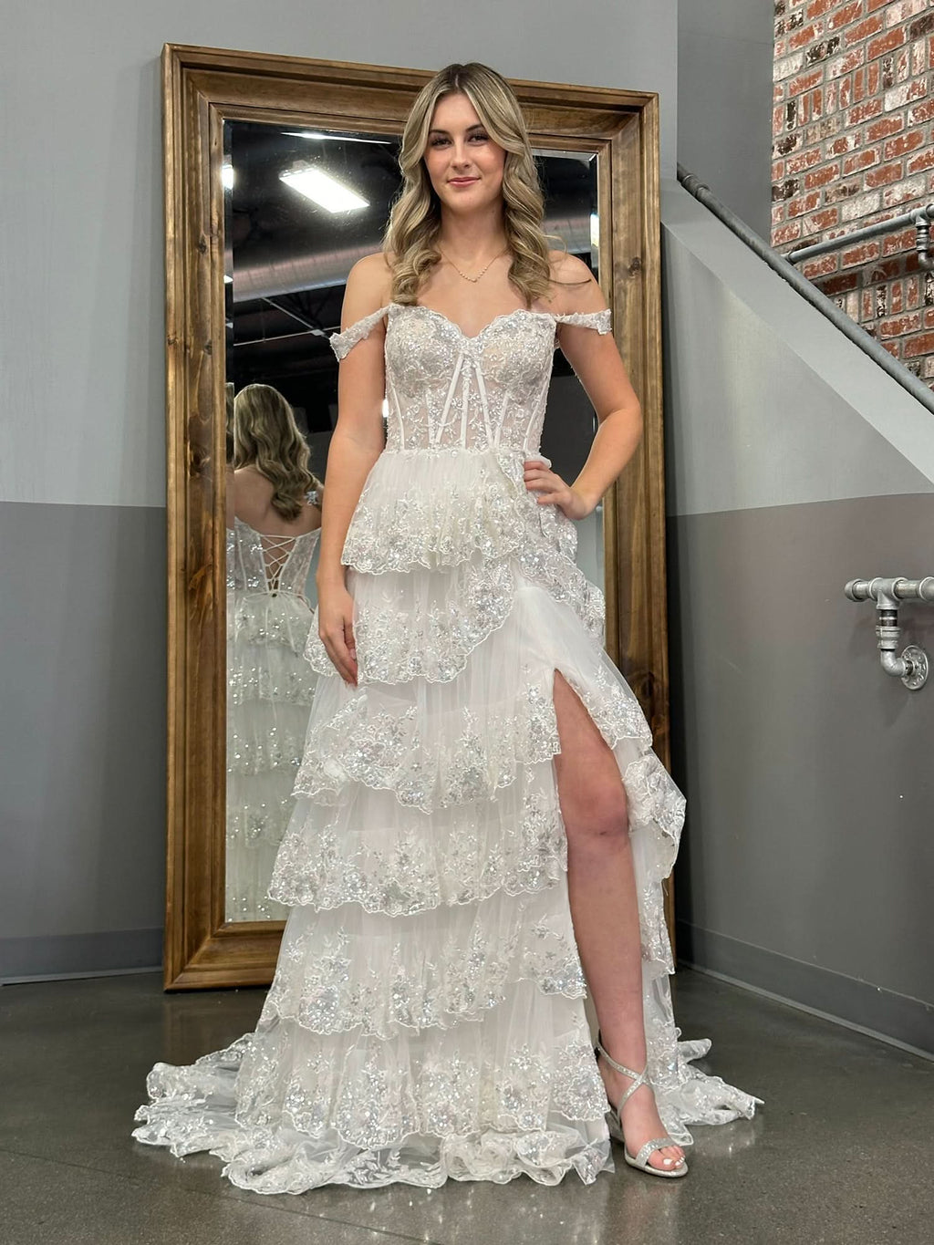 Princess A-Line Off-the-Shoulder Corset Prom Dress with Beautiful Lace Ruffles BM bride