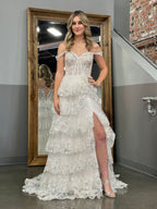 Princess A-Line Off-the-Shoulder Corset Prom Dress with Beautiful Lace Ruffles BM bride