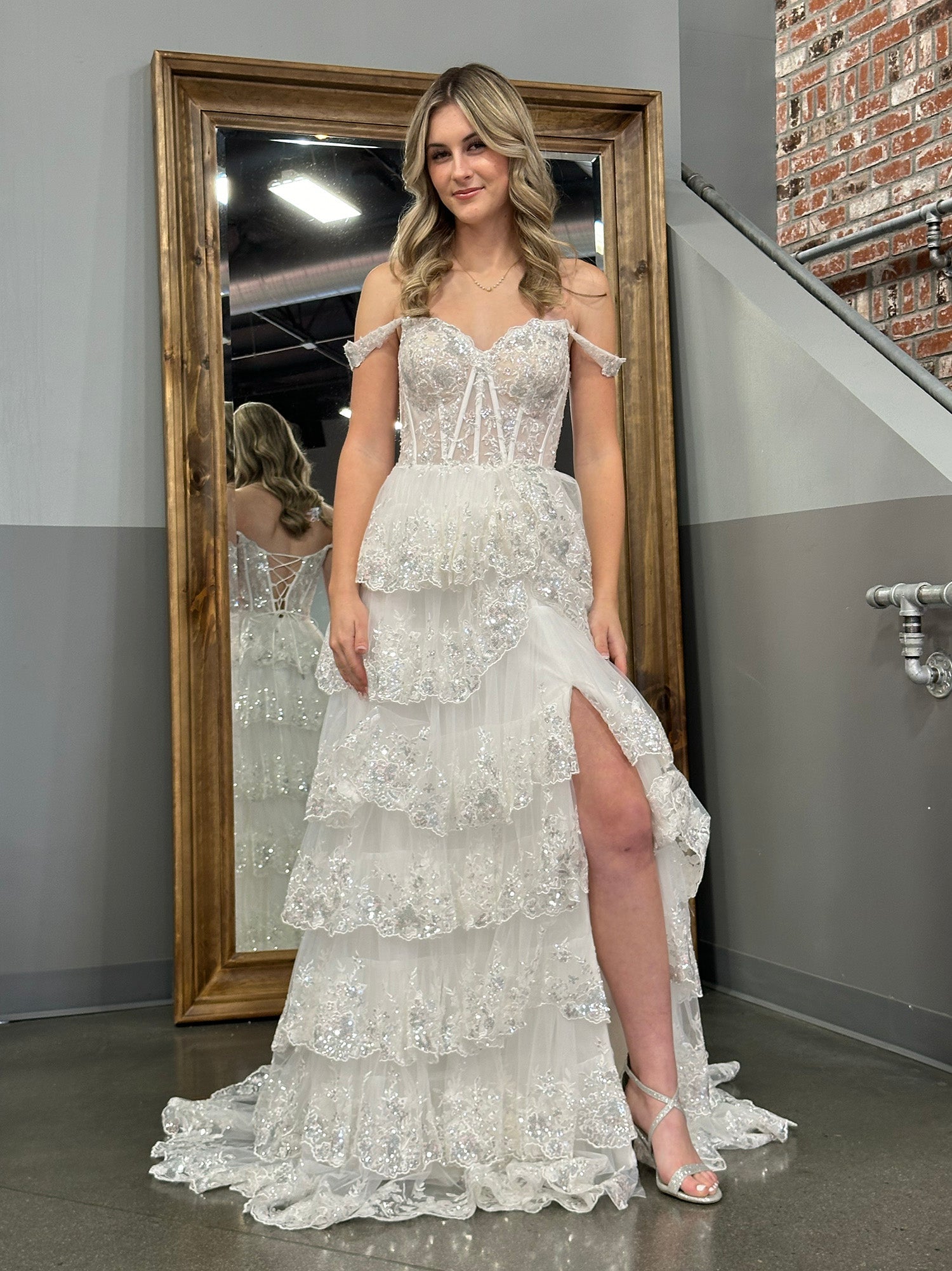 Princess A-Line Off-the-Shoulder Corset Prom Dress with Beautiful Lace Ruffles BM bride