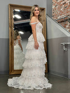 Princess A-Line Off-the-Shoulder Corset Prom Dress with Beautiful Lace Ruffles BM bride