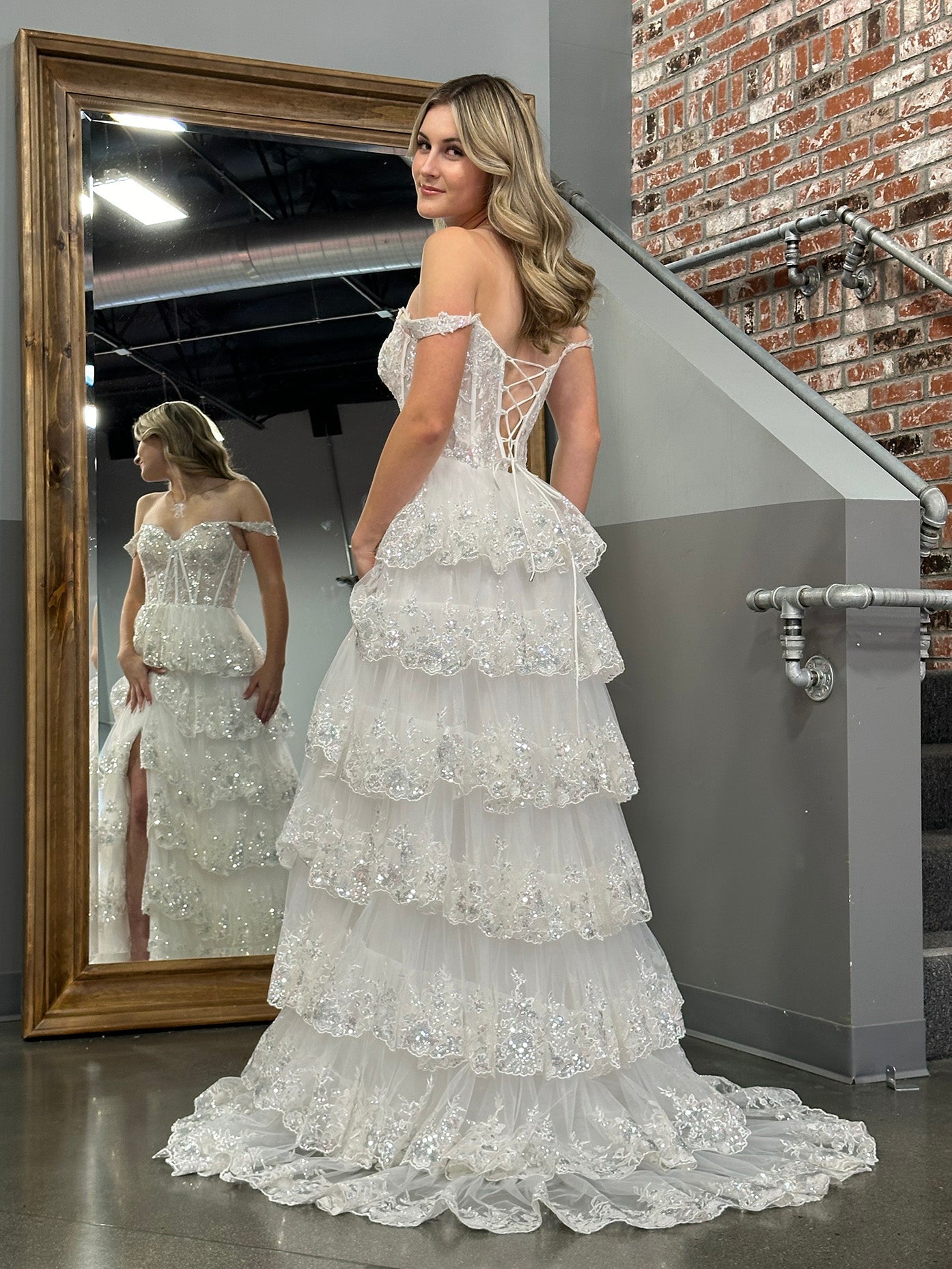 Princess A-Line Off-the-Shoulder Corset Prom Dress with Beautiful Lace Ruffles BM bride