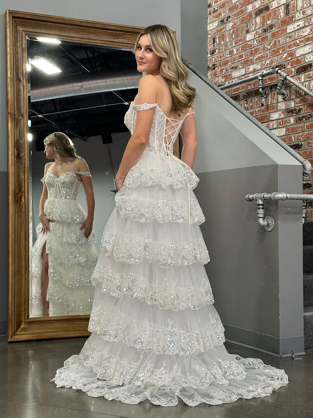 Princess A-Line Off-the-Shoulder Corset Prom Dress with Beautiful Lace Ruffles BM bride