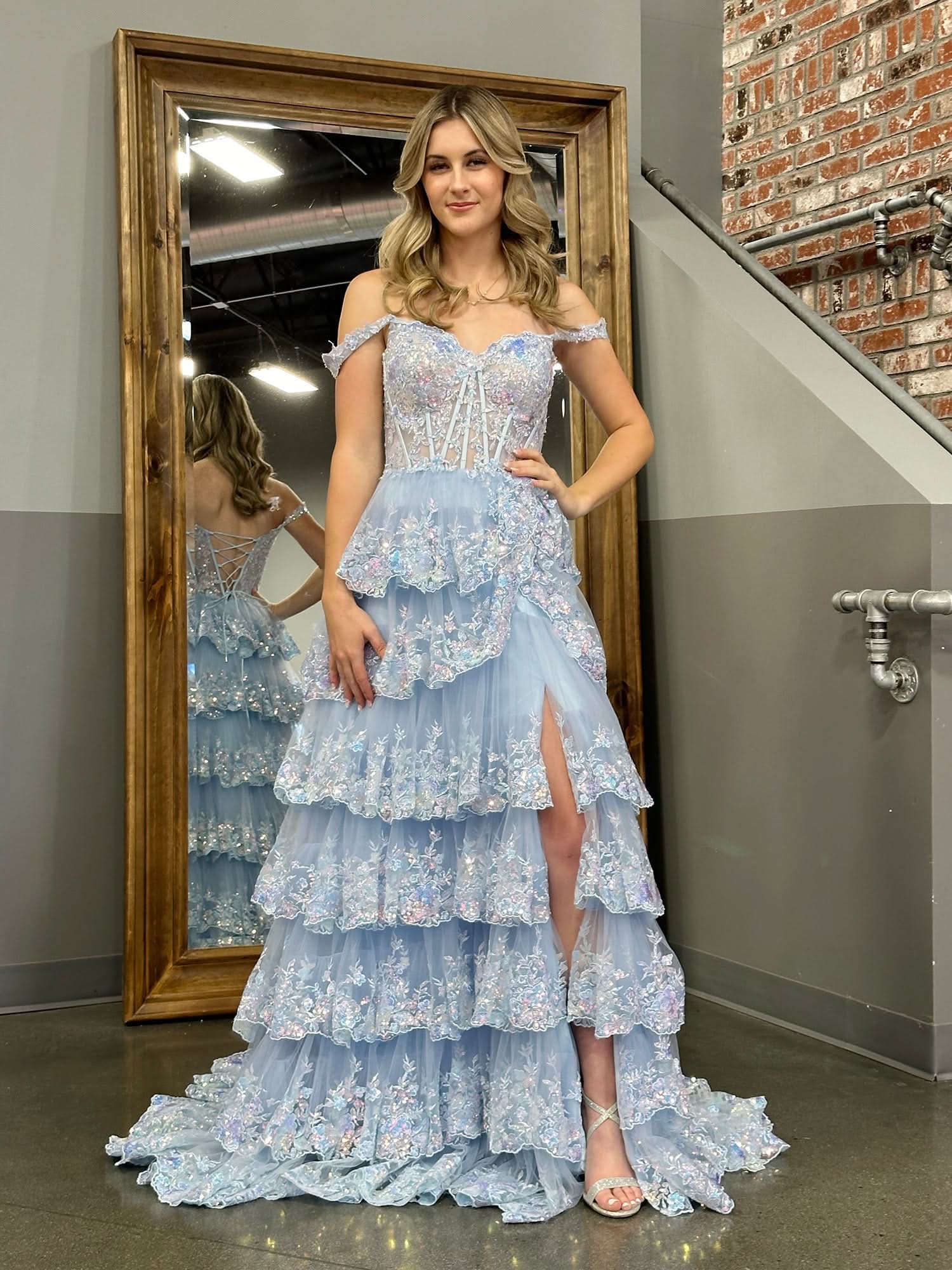 Princess A-Line Off-the-Shoulder Corset Prom Dress with Beautiful Lace Ruffles BM bride