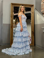 Princess A-Line Off-the-Shoulder Corset Prom Dress with Beautiful Lace Ruffles BM bride