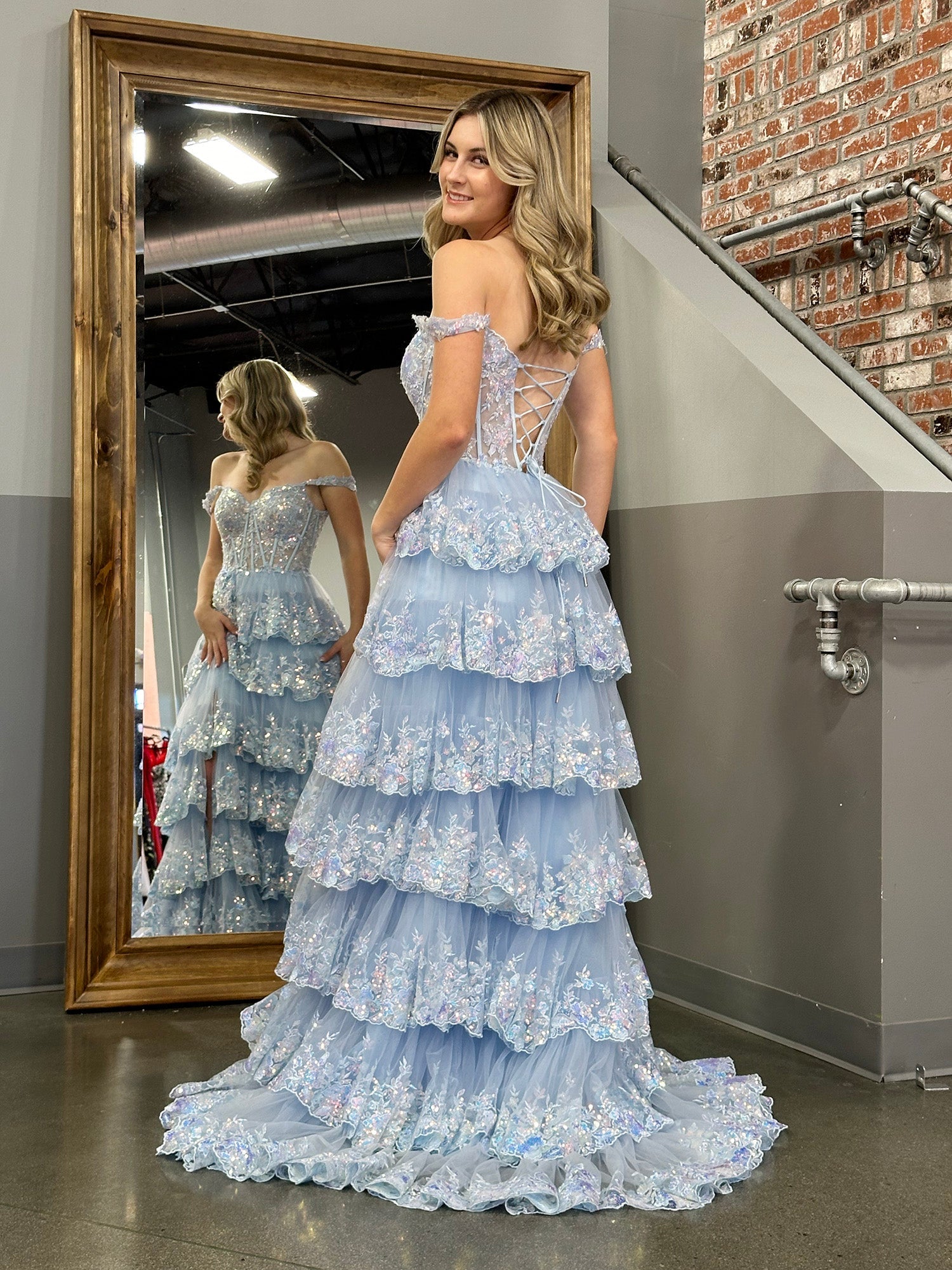 Princess A-Line Off-the-Shoulder Corset Prom Dress with Beautiful Lace Ruffles BM bride