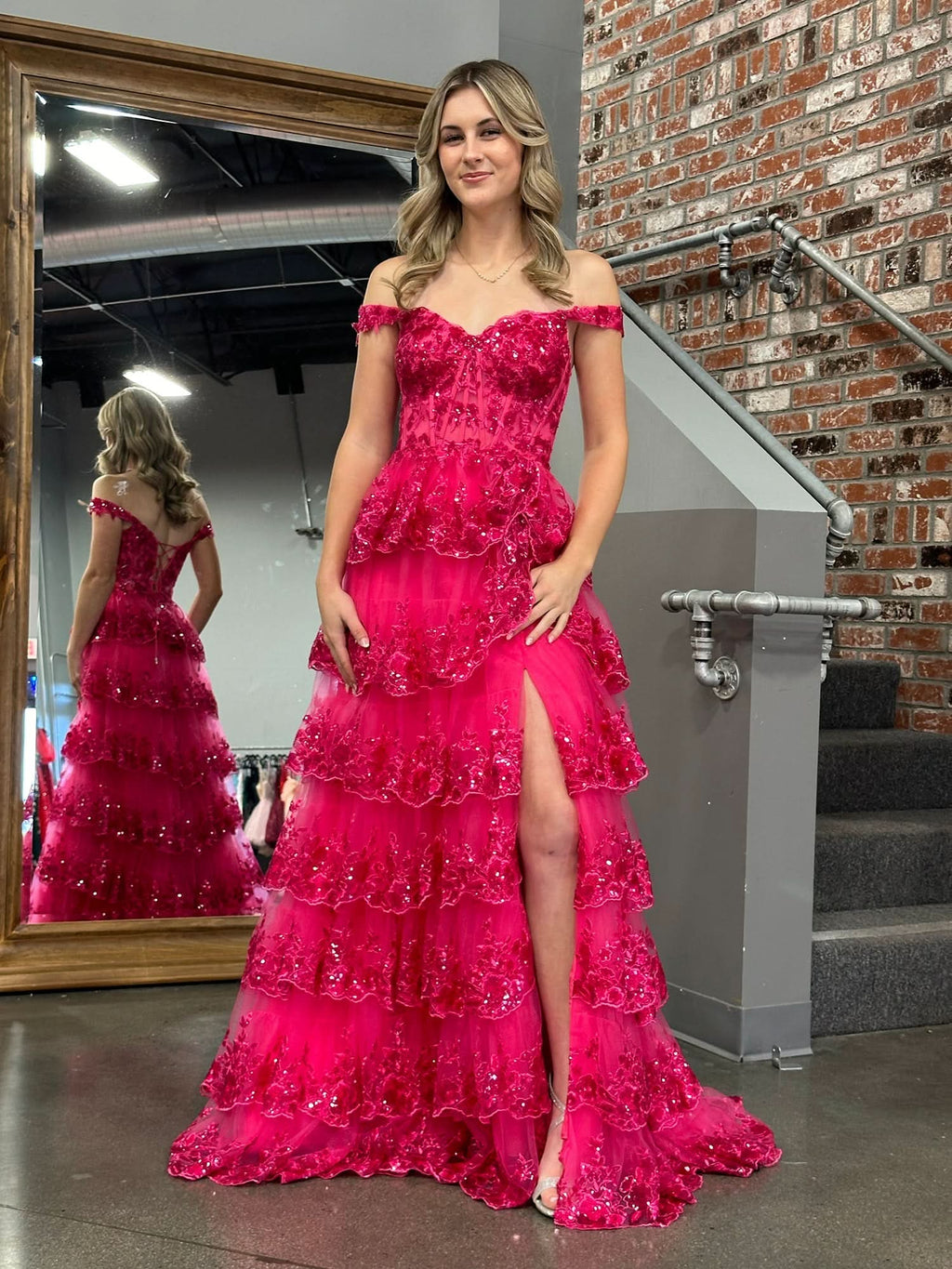 Princess A-Line Off-the-Shoulder Corset Prom Dress with Beautiful Lace Ruffles BM bride
