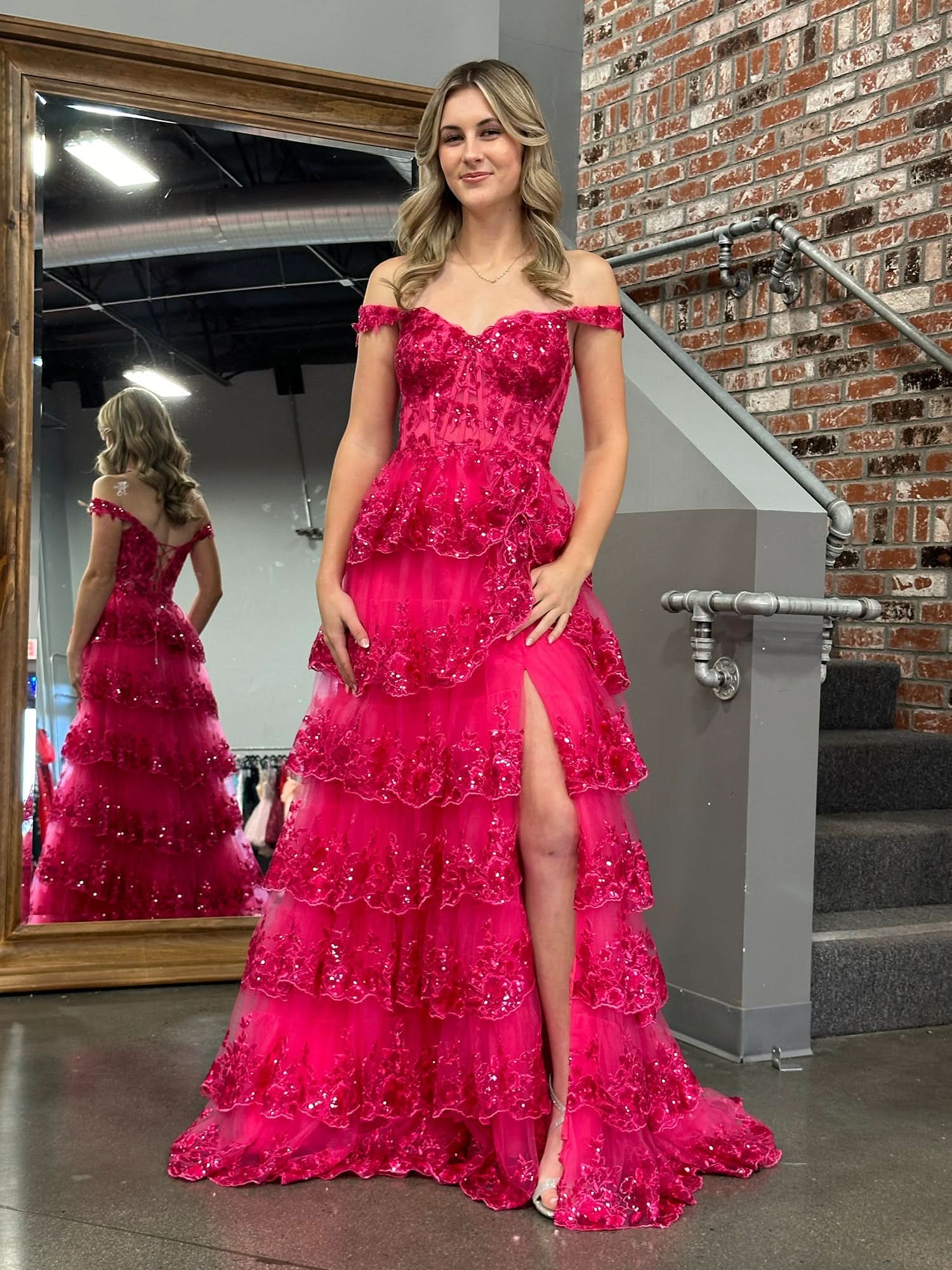 Princess A-Line Off-the-Shoulder Corset Prom Dress with Beautiful Lace Ruffles BM bride