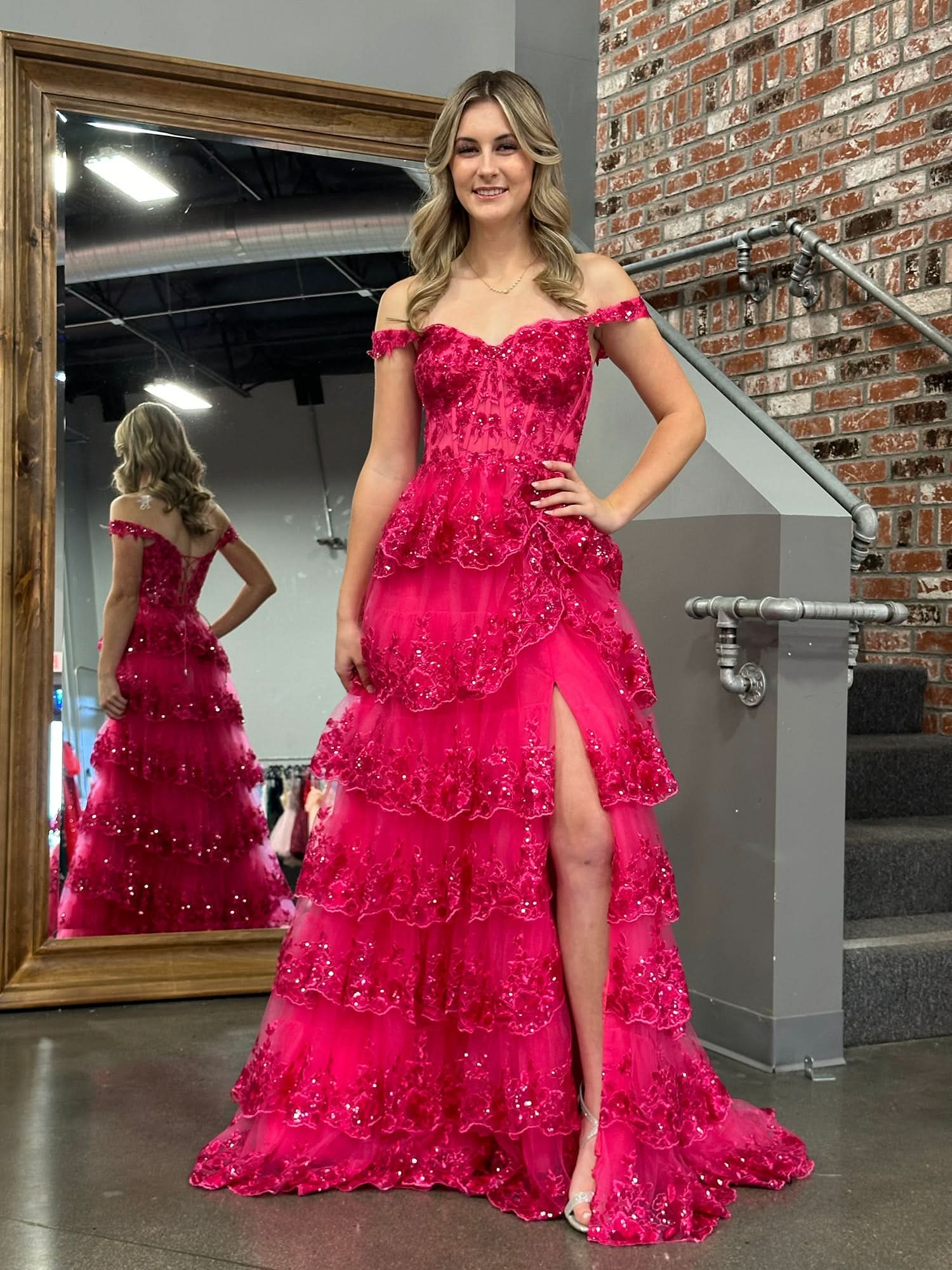 Princess A-Line Off-the-Shoulder Corset Prom Dress with Beautiful Lace Ruffles BM bride