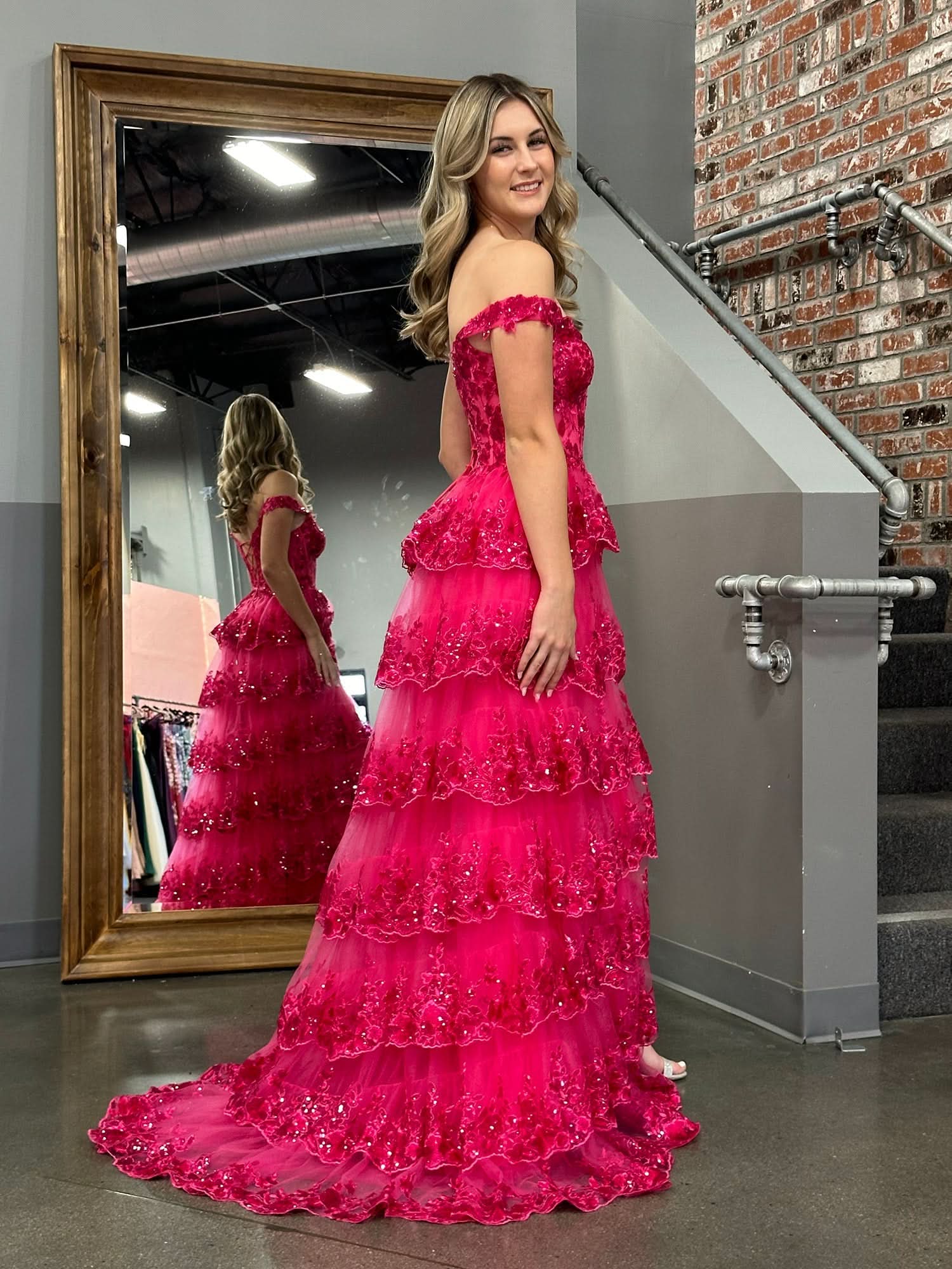 Princess A-Line Off-the-Shoulder Corset Prom Dress with Beautiful Lace Ruffles BM bride