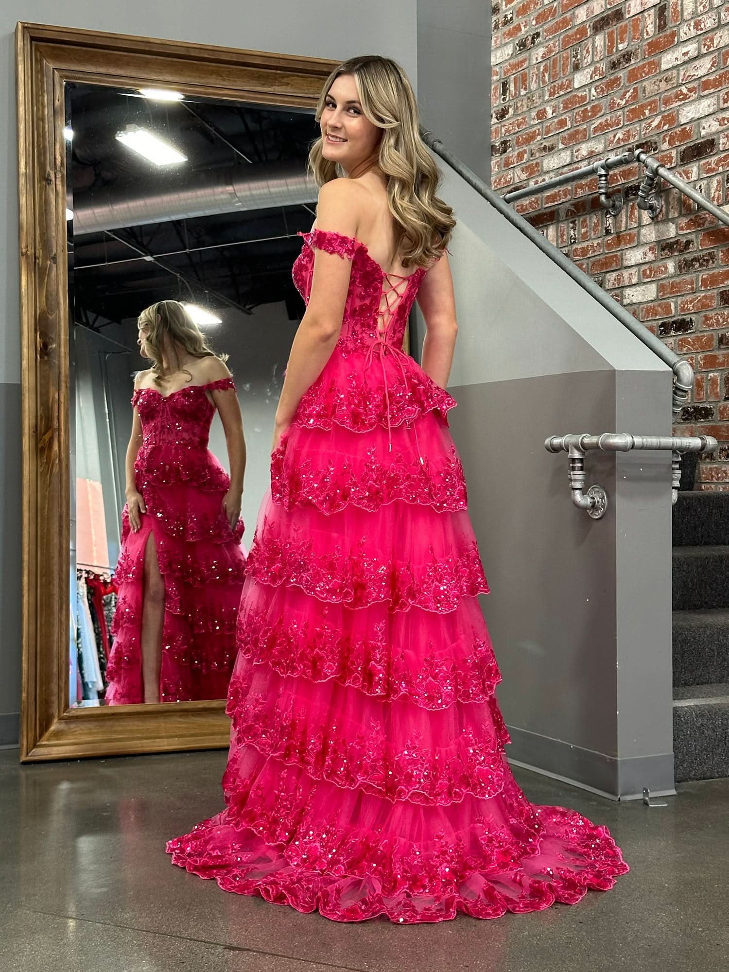 Princess A-Line Off-the-Shoulder Corset Prom Dress with Beautiful Lace Ruffles BM bride