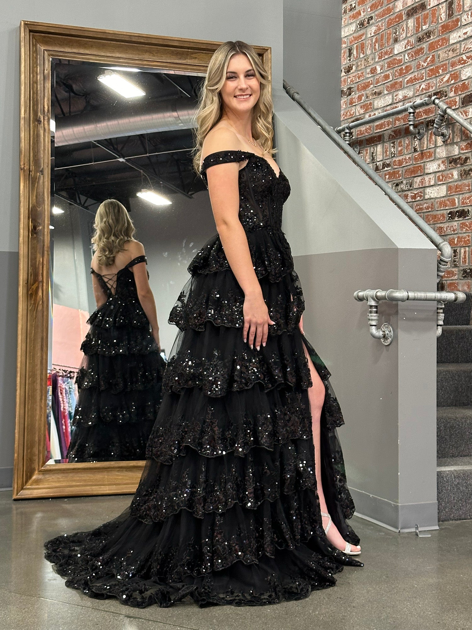 Princess A-Line Off-the-Shoulder Corset Prom Dress with Beautiful Lace Ruffles BM bride
