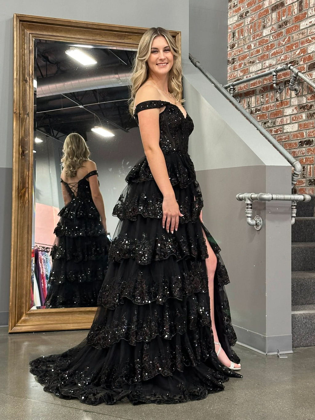 Princess A-Line Off-the-Shoulder Corset Prom Dress with Beautiful Lace Ruffles BM bride