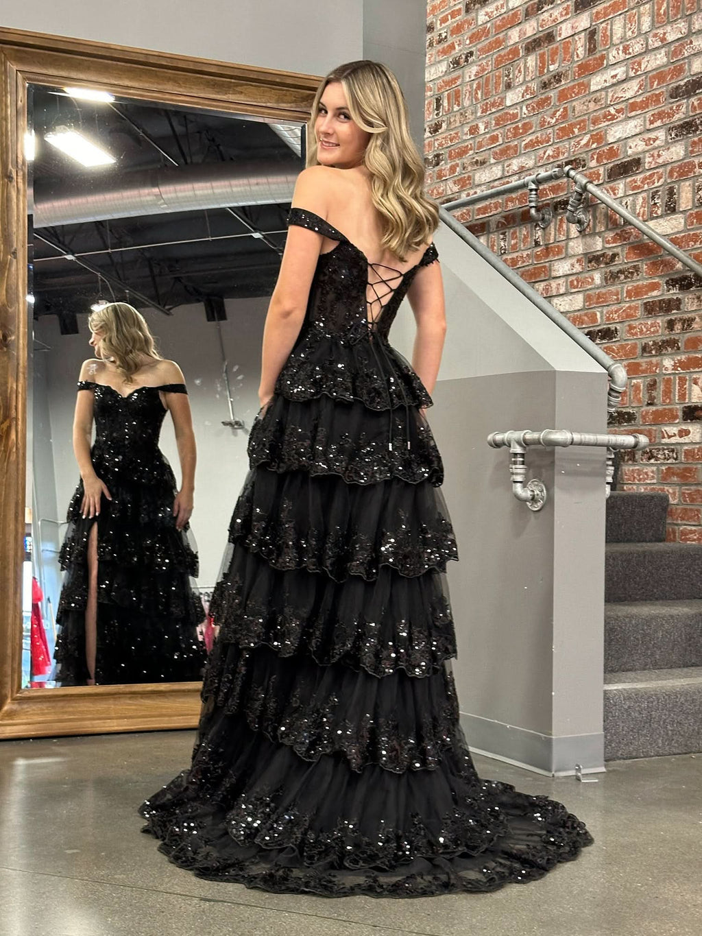Princess A-Line Off-the-Shoulder Corset Prom Dress with Beautiful Lace Ruffles BM bride