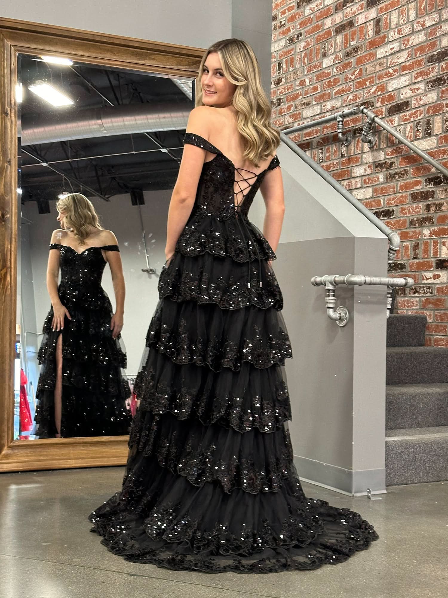 Princess A-Line Off-the-Shoulder Corset Prom Dress with Beautiful Lace Ruffles BM bride