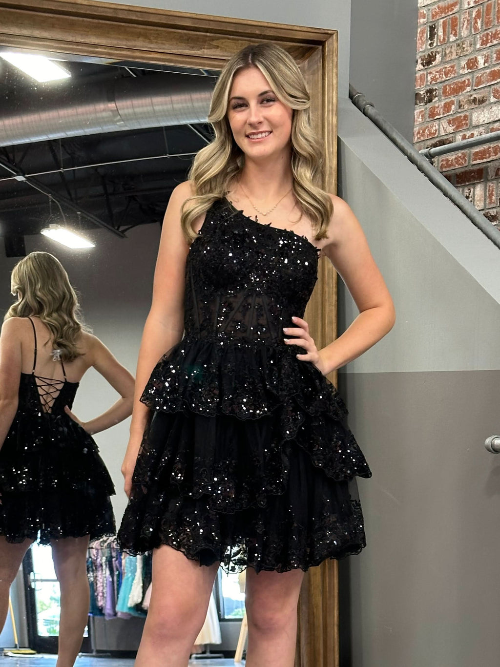 One Shoulder Navy Tiered Lace Short Homecoming Dress BM bride