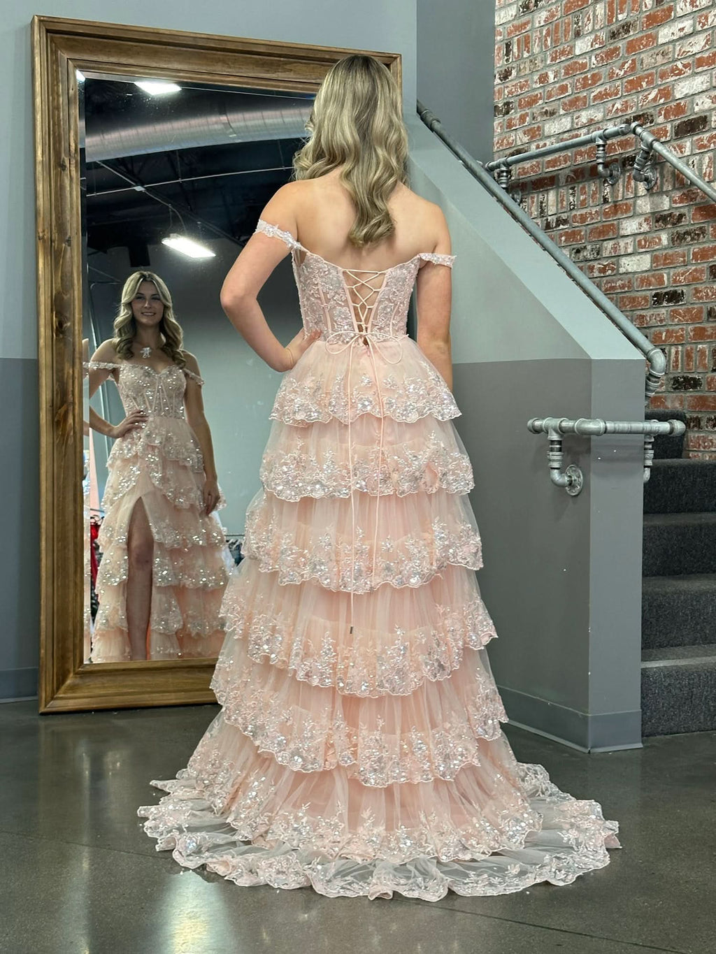 Princess A-Line Off-the-Shoulder Corset Prom Dress with Beautiful Lace Ruffles BM bride
