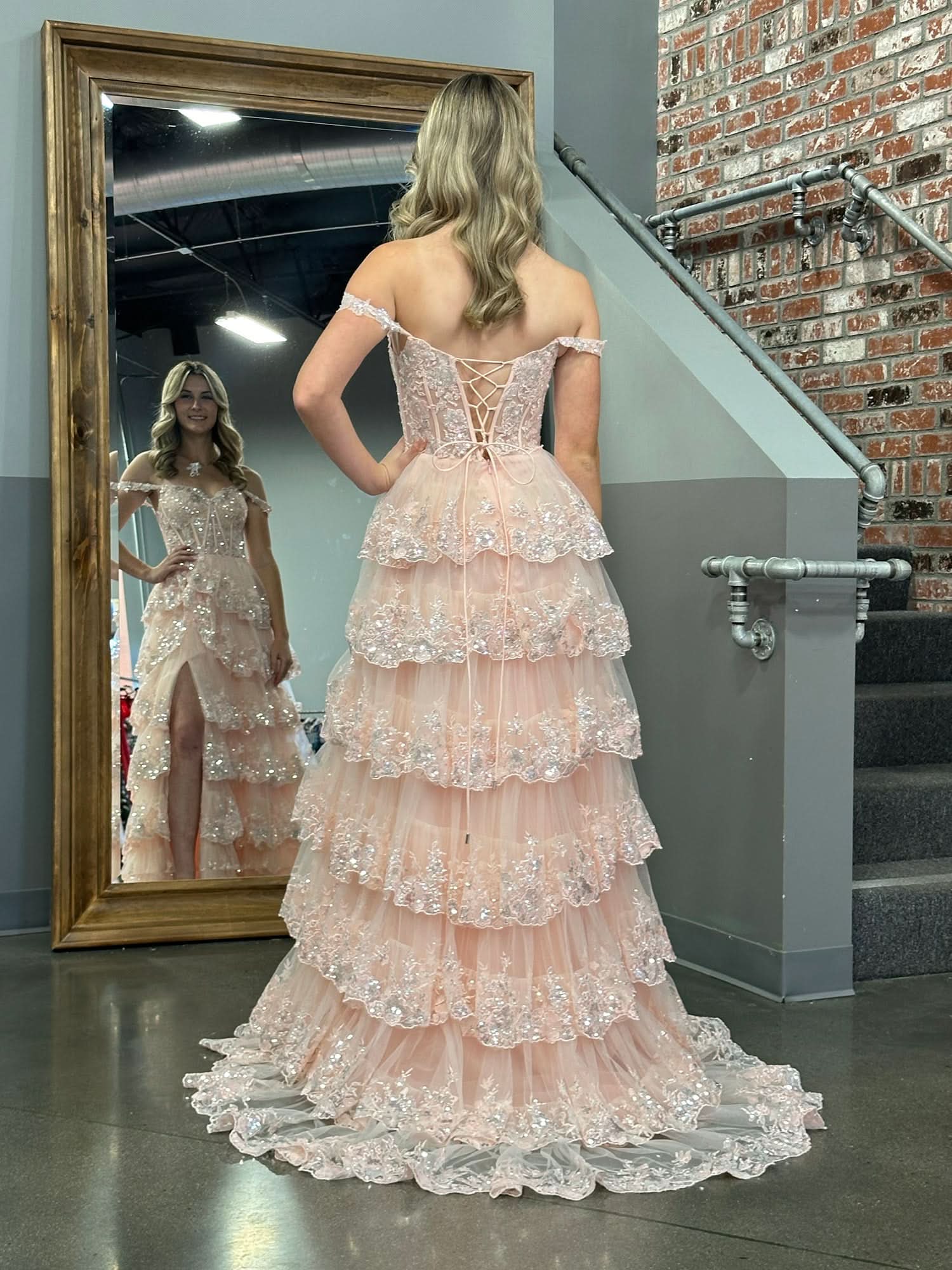 Princess A-Line Off-the-Shoulder Corset Prom Dress with Beautiful Lace Ruffles BM bride