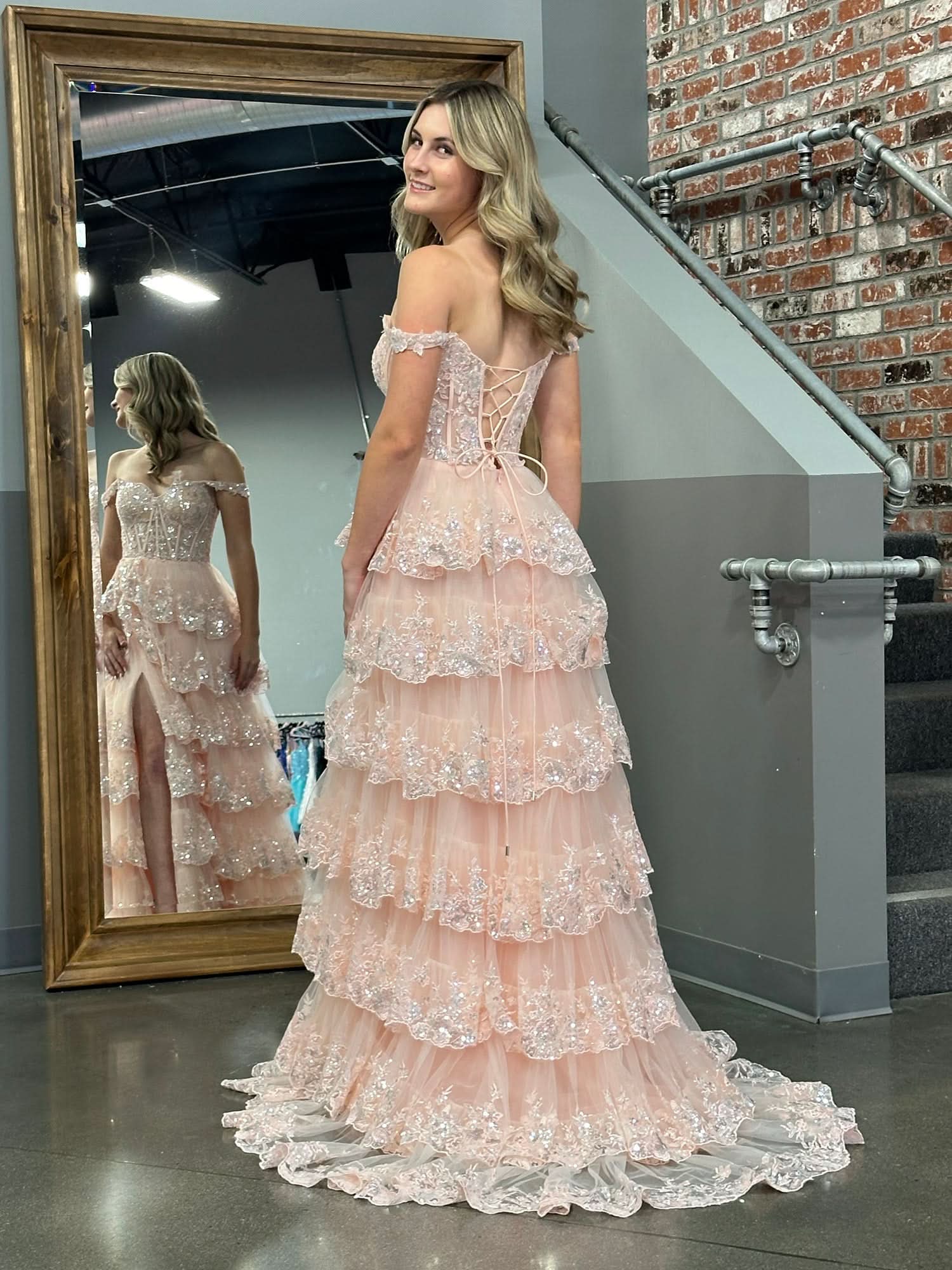 Princess A-Line Off-the-Shoulder Corset Prom Dress with Beautiful Lace Ruffles BM bride