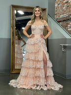 Princess A-Line Off-the-Shoulder Corset Prom Dress with Beautiful Lace Ruffles BM bride
