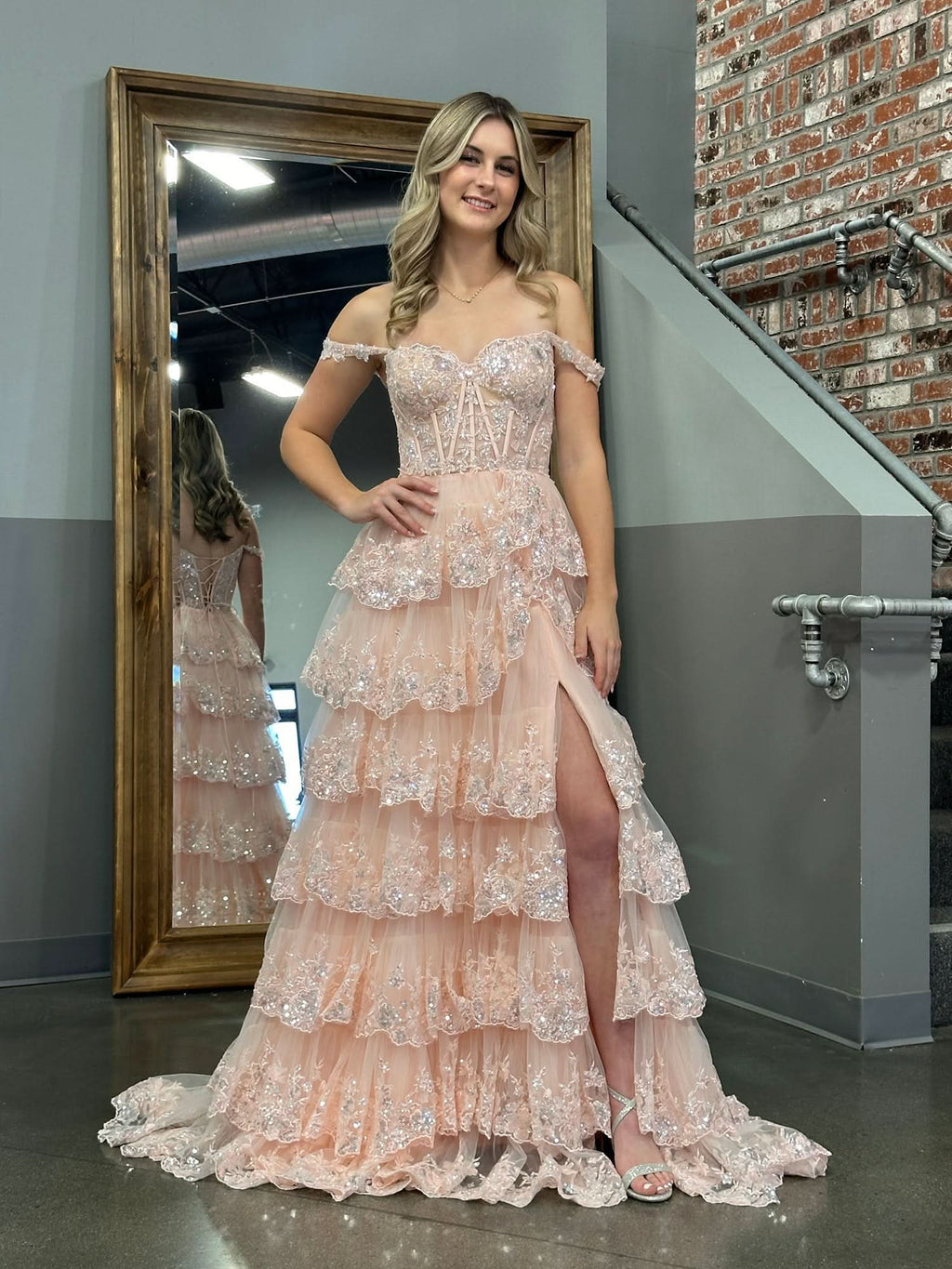 Princess A-Line Off-the-Shoulder Corset Prom Dress with Beautiful Lace Ruffles BM bride