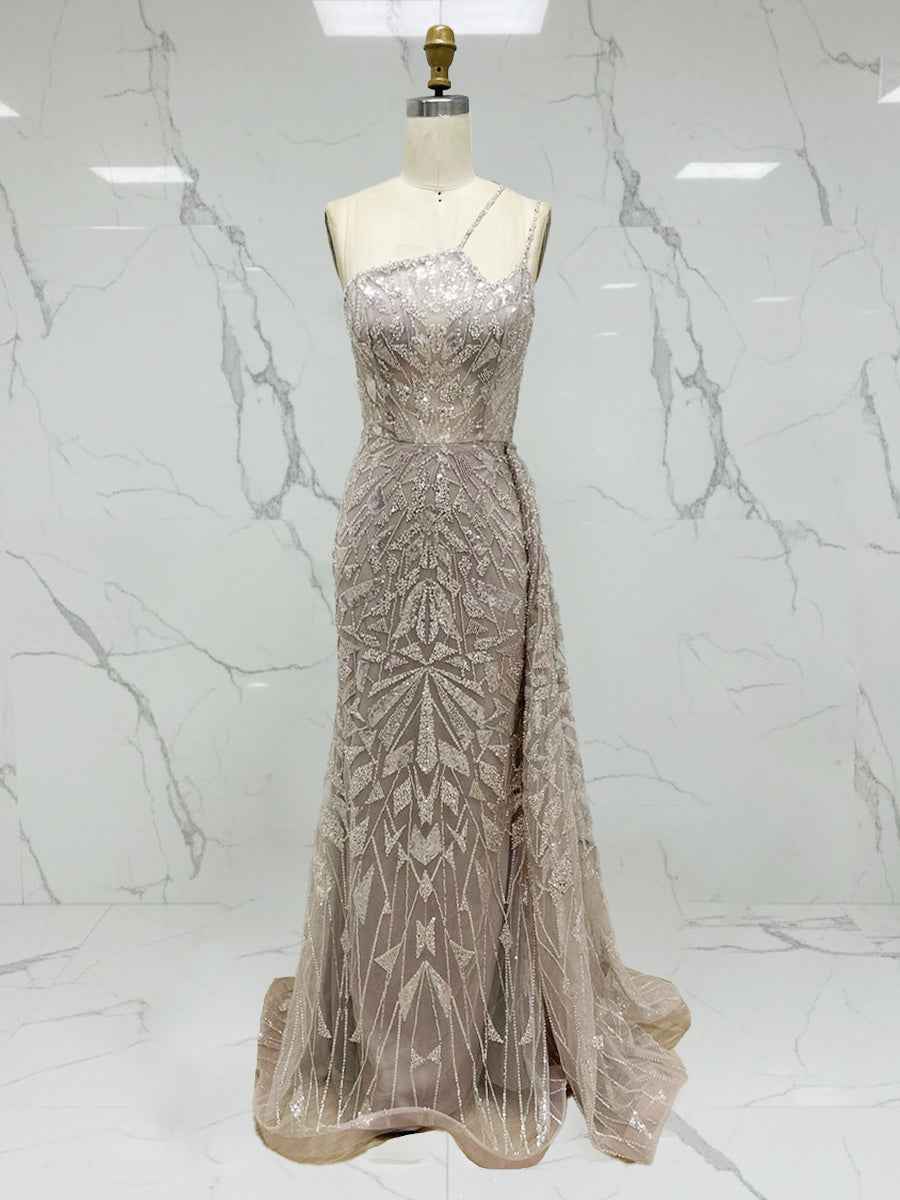 Ice Blue Geometric Beaded Prom Dress with Tulle Overskirt
