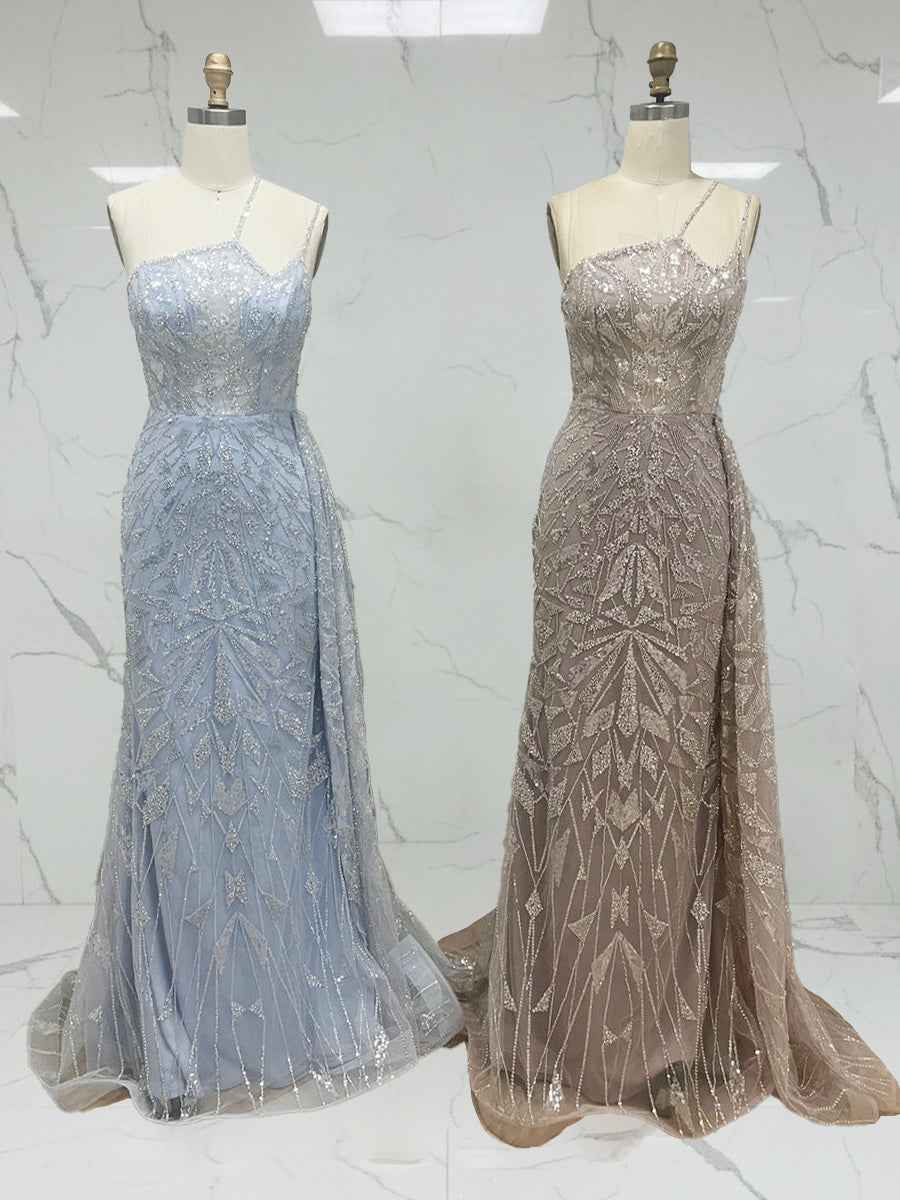 Ice Blue Geometric Beaded Prom Dress with Tulle Overskirt
