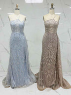 Ice Blue Geometric Beaded Prom Dress with Tulle Overskirt