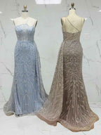 Ice Blue Geometric Beaded Prom Dress with Tulle Overskirt