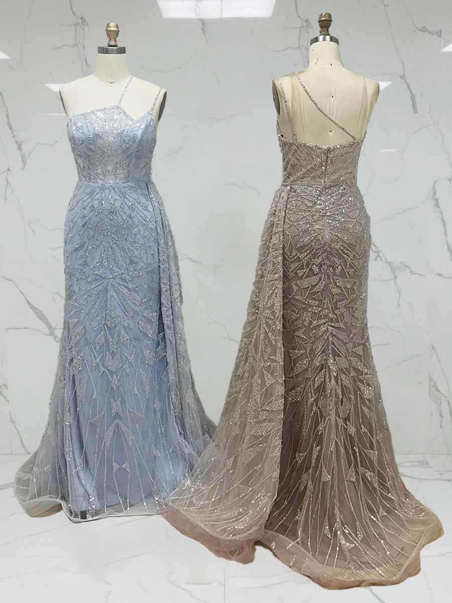 Ice Blue Geometric Beaded Prom Dress with Tulle Overskirt