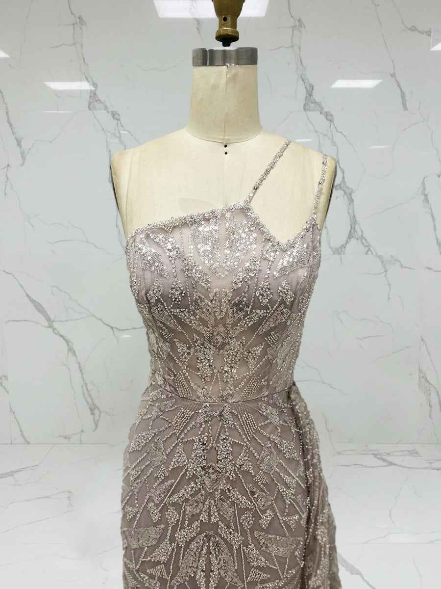 Ice Blue Geometric Beaded Prom Dress with Tulle Overskirt