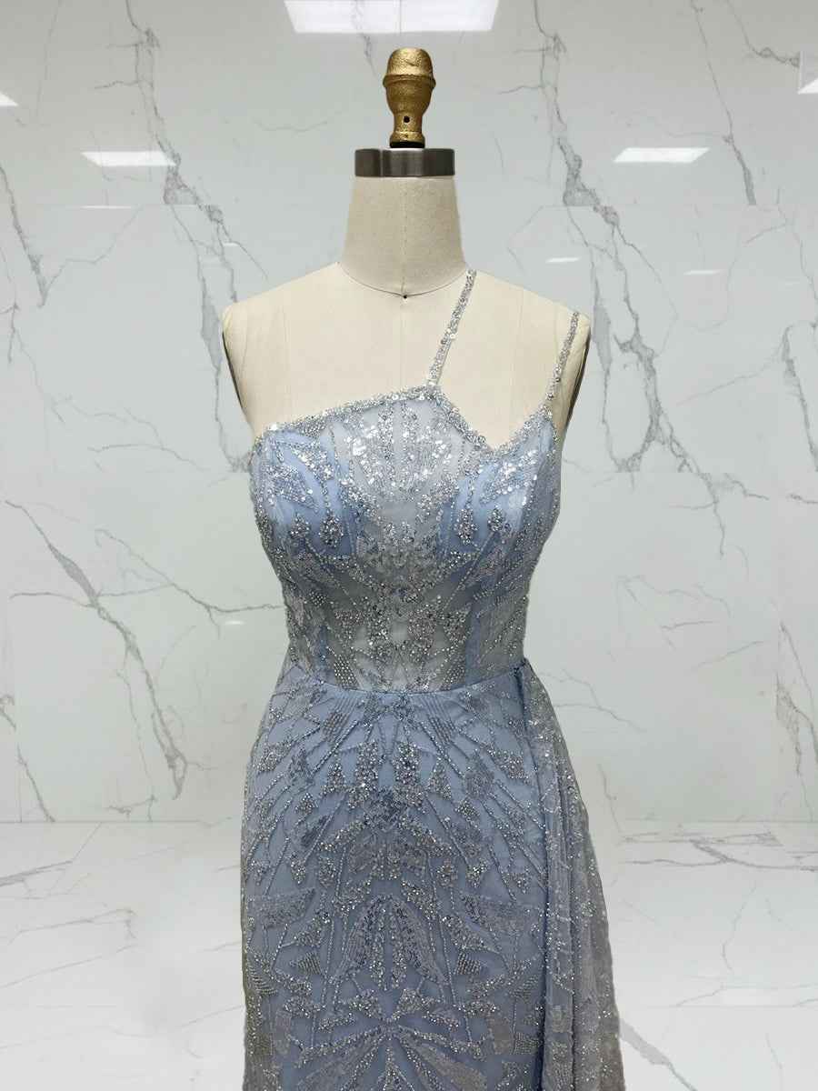 Ice Blue Geometric Beaded Prom Dress with Tulle Overskirt