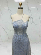 Ice Blue Geometric Beaded Prom Dress with Tulle Overskirt